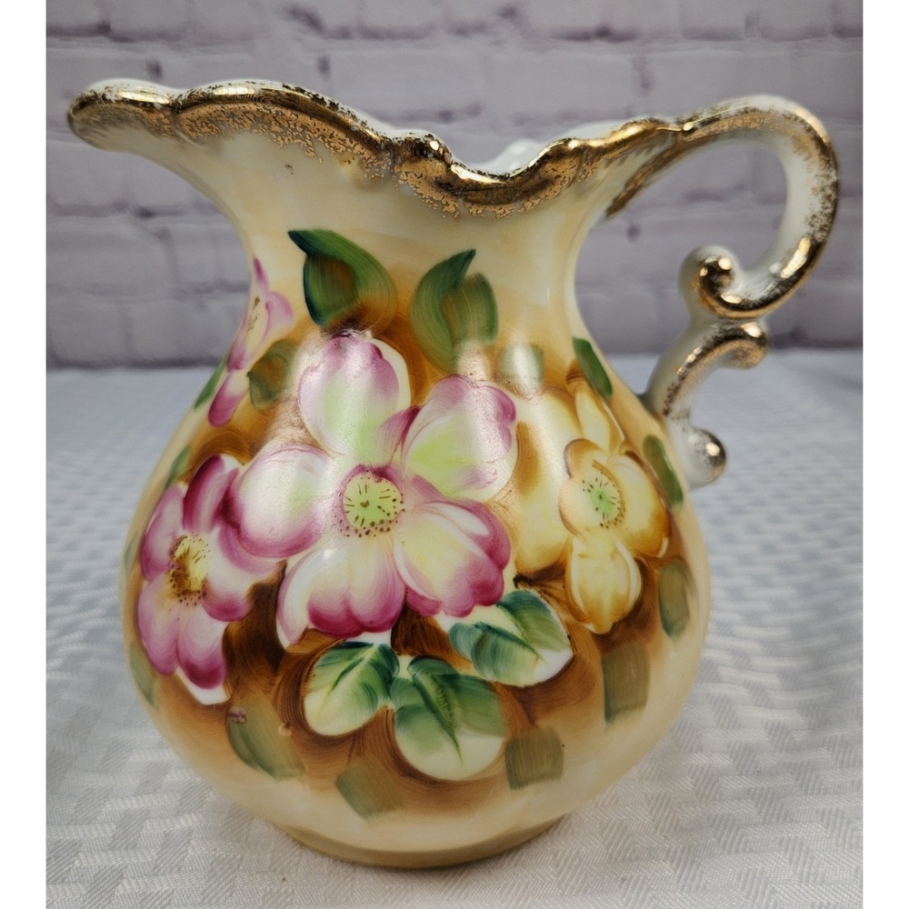 Vintage Pitcher Dogwood Floral Porcelain Hand Painted w /Ornate Handle Gold Trim